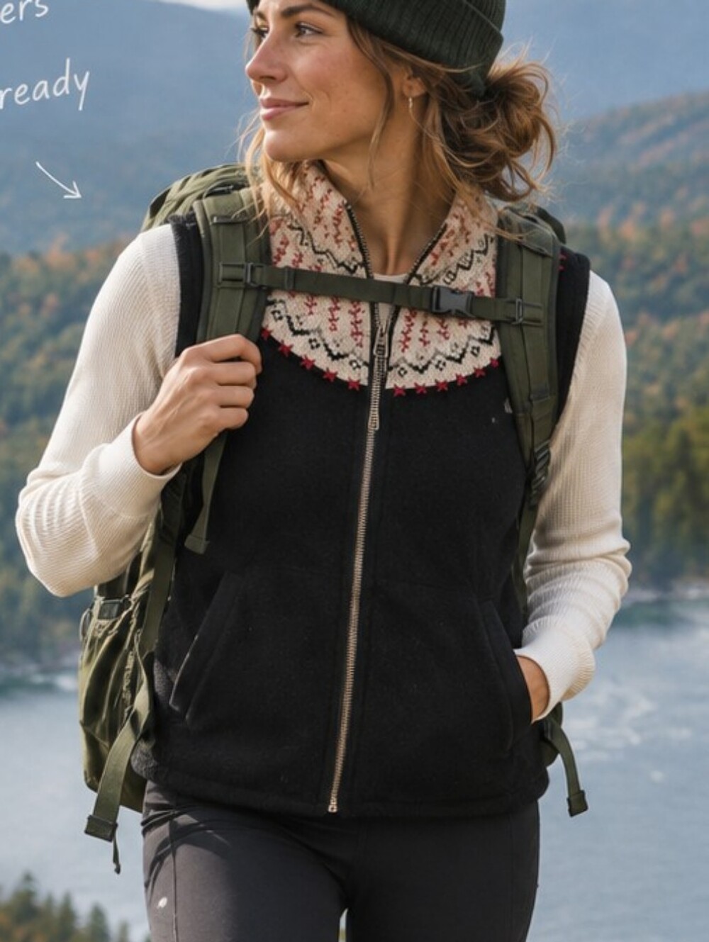 Woolrich Black Wool Vest Fair Isle Collar Nordic Holidays Fall Large base Layer